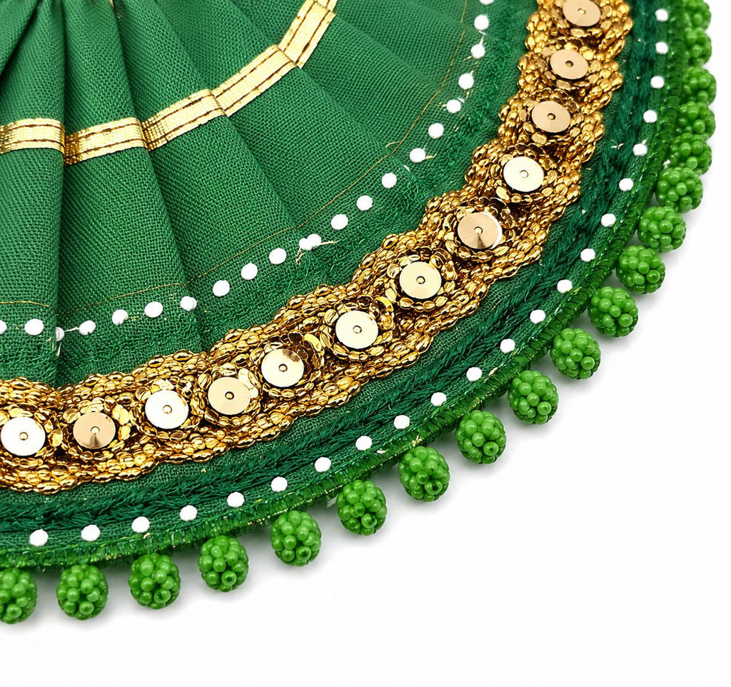 Grace Your Beloved Kanha with Elegant Green Poshak and Luxurious Golden Embellished Borders Today.