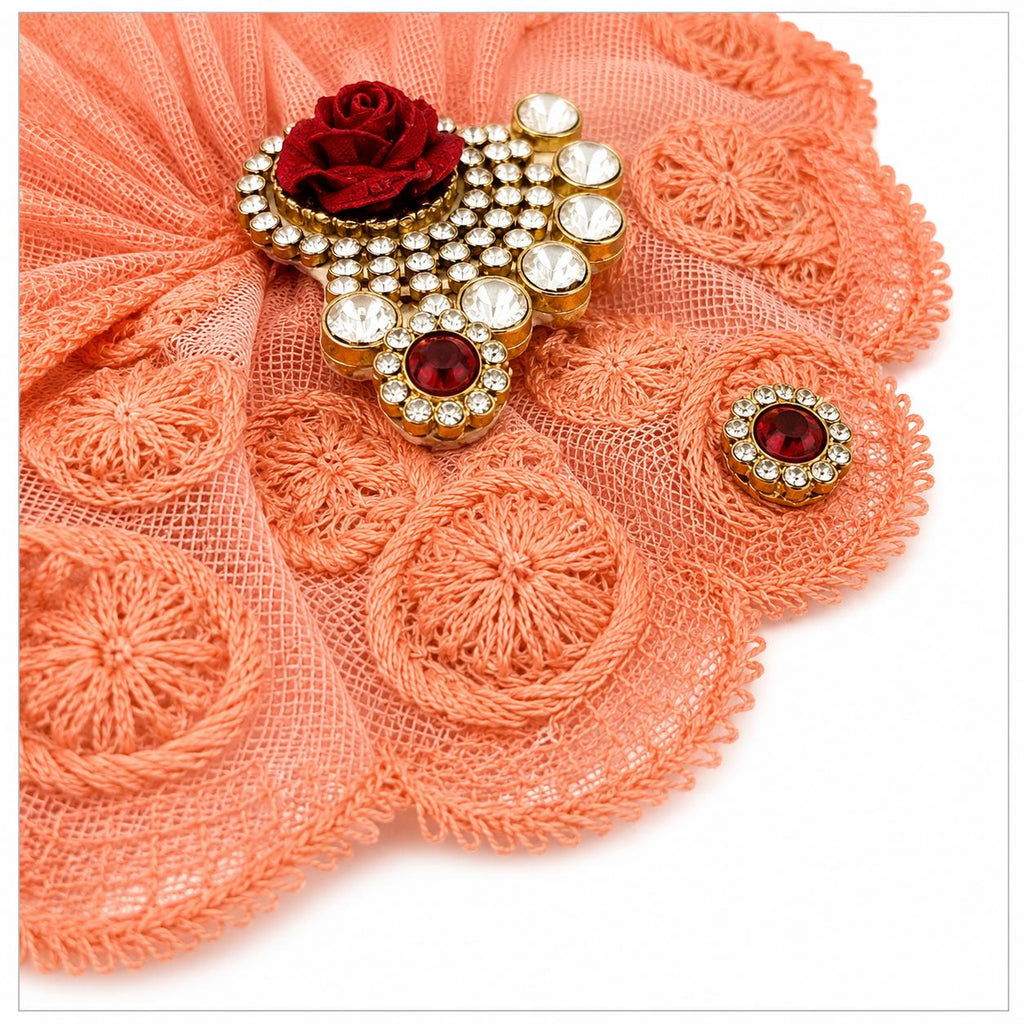 Royal handcrafted Coral Poshak with shimmering stonework, perfect for elegant Laddu Gopal Shringar celebrations.