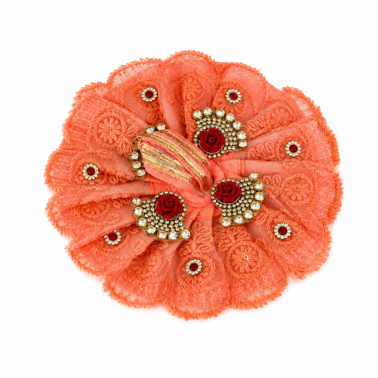 Royal handcrafted Coral Poshak with shimmering stonework, perfect for elegant Laddu Gopal Shringar celebrations.