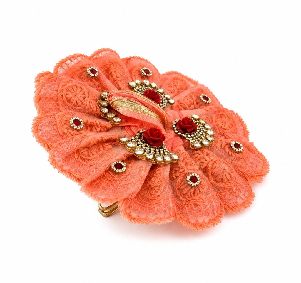 Royal handcrafted Coral Poshak with shimmering stonework, perfect for elegant Laddu Gopal Shringar celebrations.