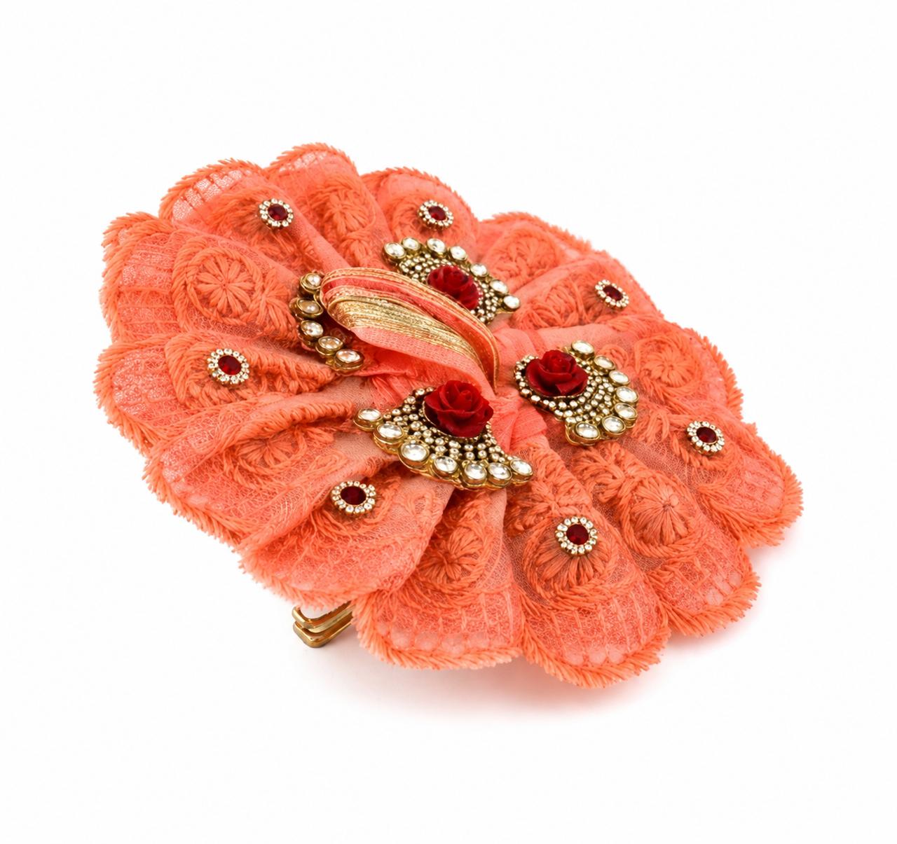 Royal handcrafted Coral Poshak with shimmering stonework, perfect for elegant Laddu Gopal Shringar celebrations.