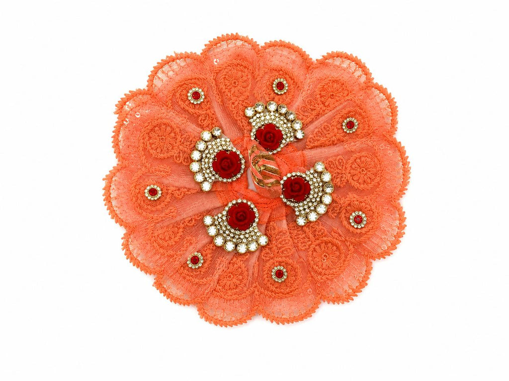 Royal handcrafted Coral Poshak with shimmering stonework, perfect for elegant Laddu Gopal Shringar celebrations.