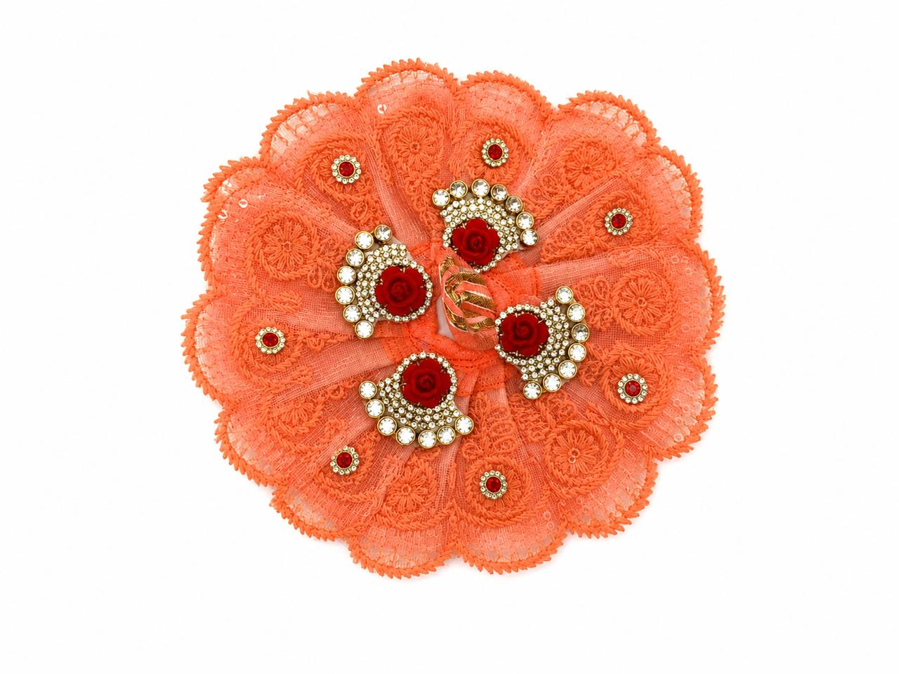 Royal handcrafted Coral Poshak with shimmering stonework, perfect for elegant Laddu Gopal Shringar celebrations.