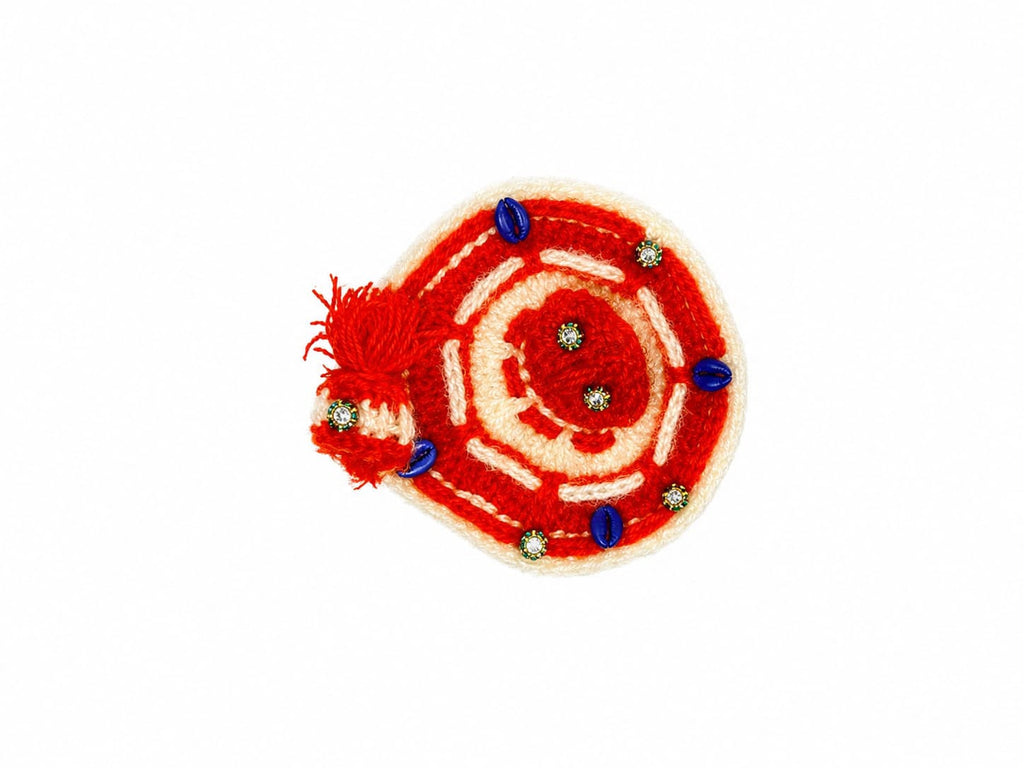 Royal red handcrafted Laddu Gopal dress adorned with elegant pearls and intricate embellishments.