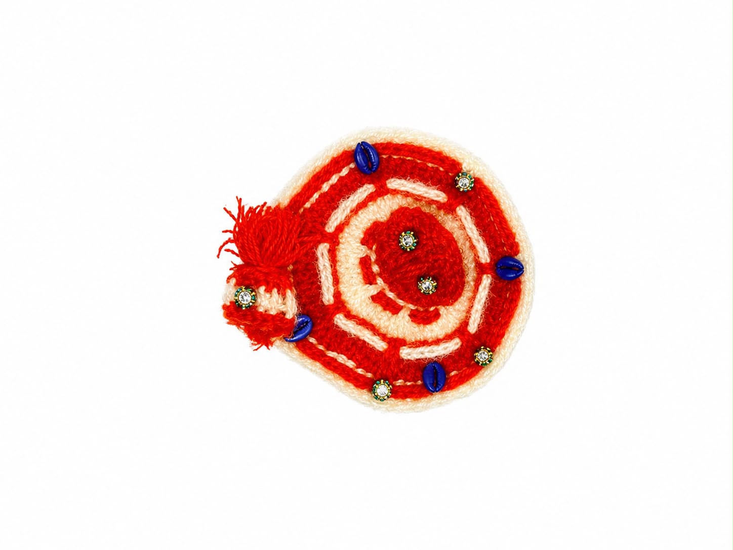Royal red handcrafted Laddu Gopal dress adorned with elegant pearls and intricate embellishments.