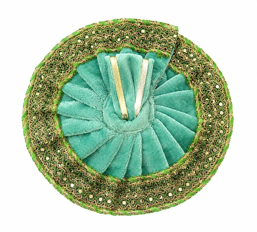 Enchanting Aqua-Green Laddu Gopal Poshak, Adorned with Regal Golden Lace and Graceful Pleats.