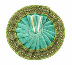 Enchanting Aqua-Green Laddu Gopal Poshak, Adorned with Regal Golden Lace and Graceful Pleats.