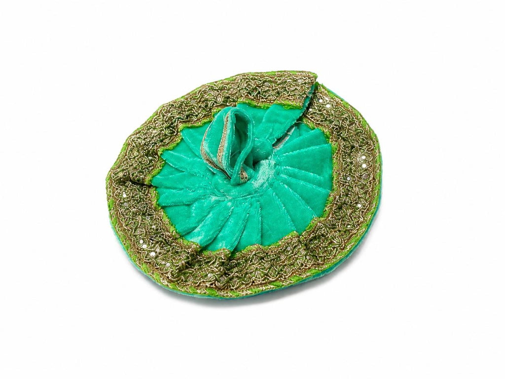 Enchanting Aqua-Green Laddu Gopal Poshak, Adorned with Regal Golden Lace and Graceful Pleats.