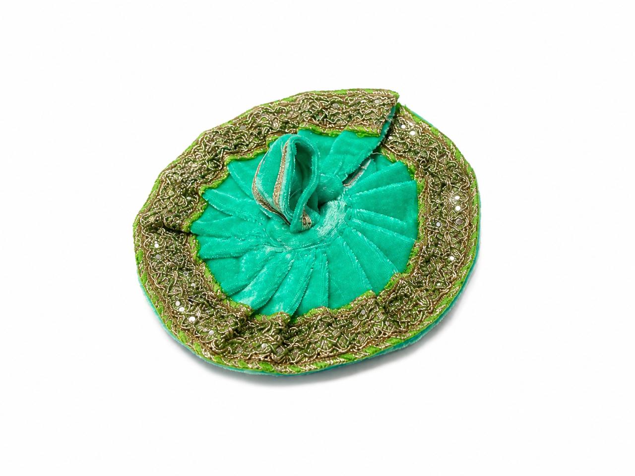 Enchanting Aqua-Green Laddu Gopal Poshak, Adorned with Regal Golden Lace and Graceful Pleats.