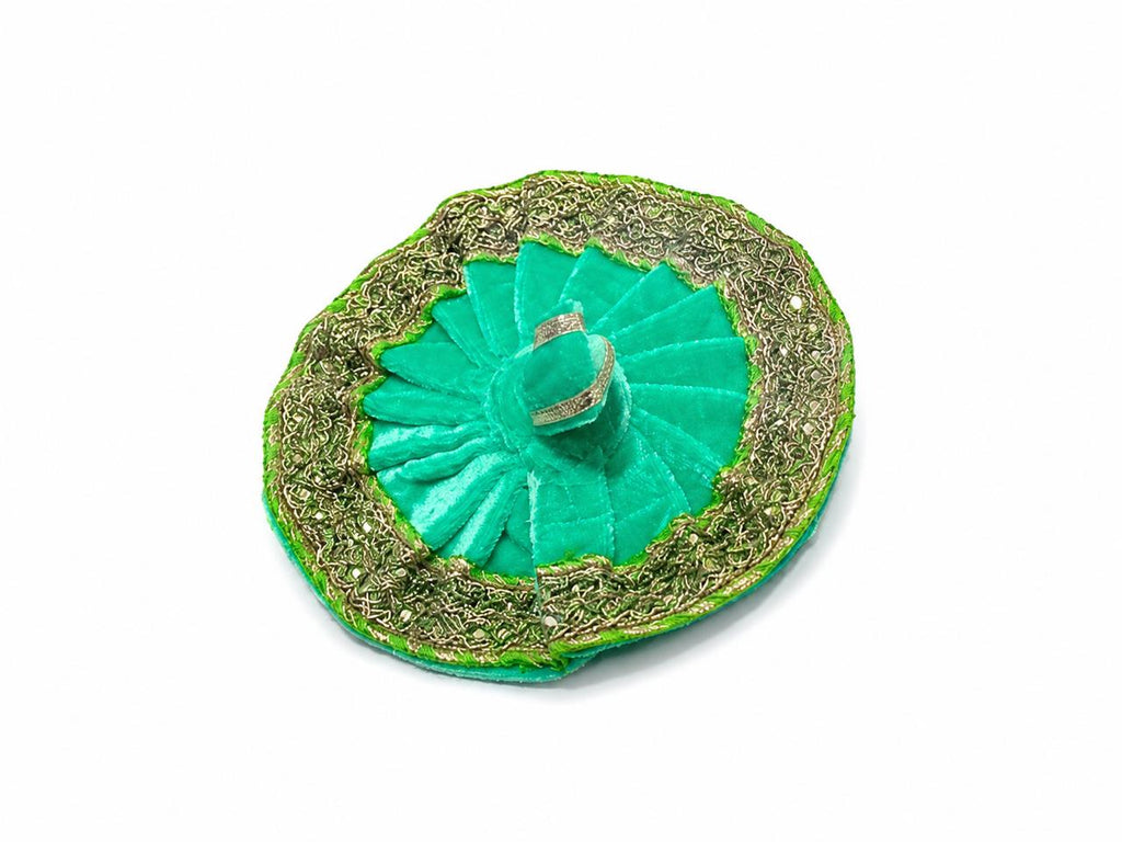 Enchanting Aqua-Green Laddu Gopal Poshak, Adorned with Regal Golden Lace and Graceful Pleats.