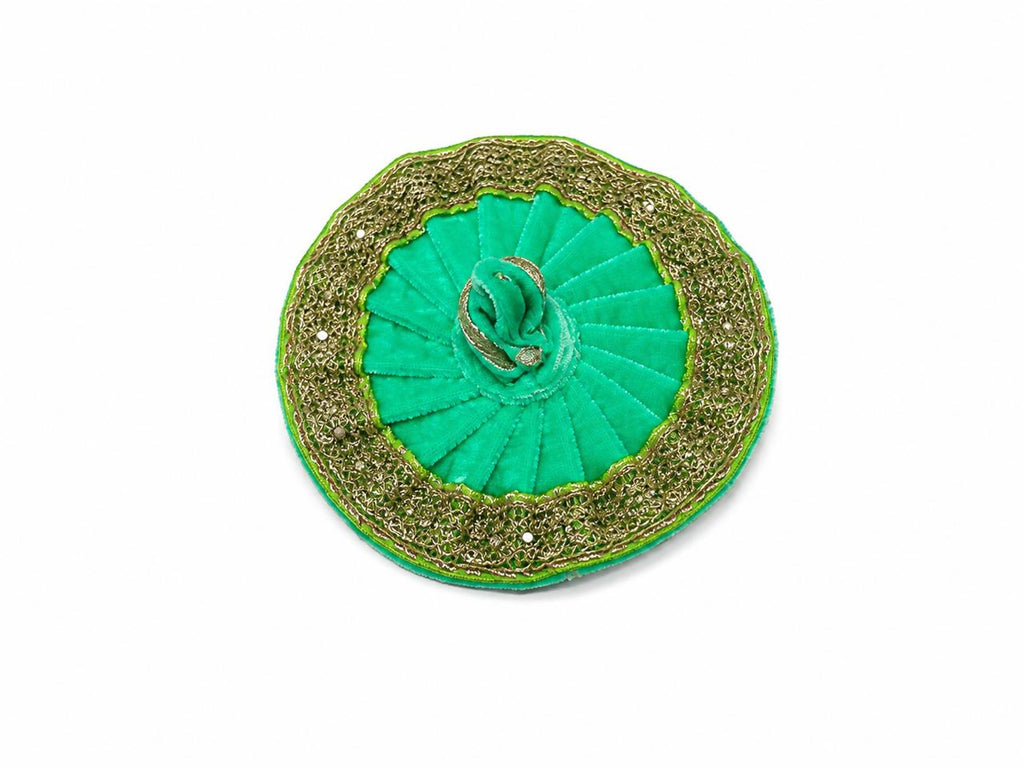 Enchanting Aqua-Green Laddu Gopal Poshak, Adorned with Regal Golden Lace and Graceful Pleats.
