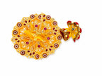 Radiant yellow Laddu Gopal poshak adorned with regal embellishments, sparkling stones, and exquisite craftsmanship.