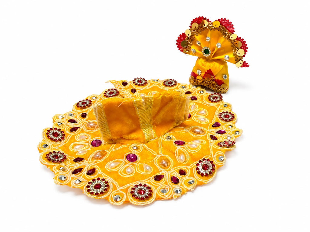 Radiant yellow Laddu Gopal poshak adorned with regal embellishments, sparkling stones, and exquisite craftsmanship.