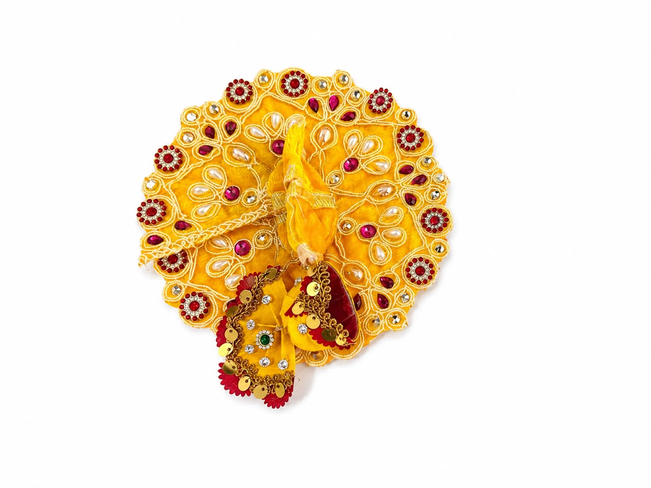 Radiant yellow Laddu Gopal poshak adorned with regal embellishments, sparkling stones, and exquisite craftsmanship.