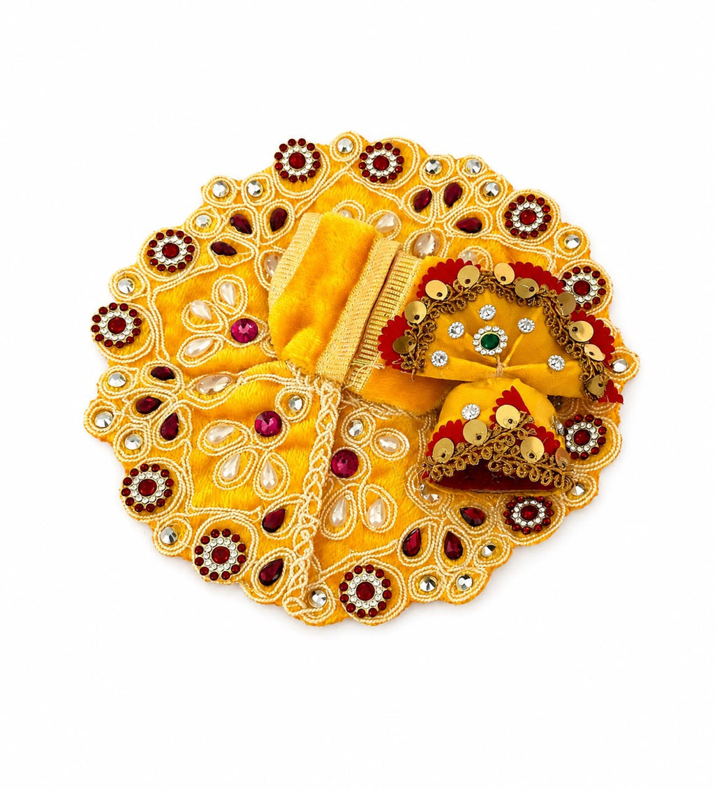 Radiant yellow Laddu Gopal poshak adorned with regal embellishments, sparkling stones, and exquisite craftsmanship.