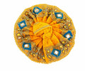 Regal Orange Laddu Gopal Poshak adorned with intricate Zari, mirrorwork, and exquisite embellishments.