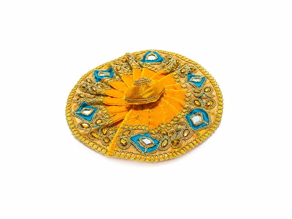 Regal Orange Laddu Gopal Poshak adorned with intricate Zari, mirrorwork, and exquisite embellishments.
