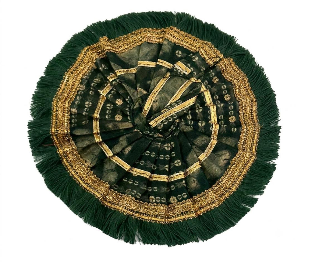 Elegant Dark Green Laddu Gopal Poshak with golden lace, frill border, and premium handcrafted elegance.