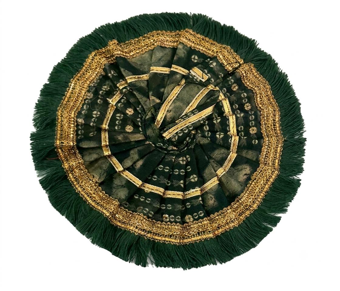 Elegant Dark Green Laddu Gopal Poshak with golden lace, frill border, and premium handcrafted elegance.