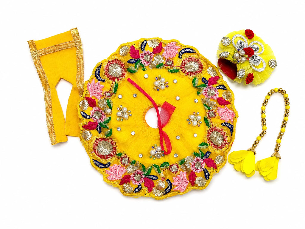 Designer Laddu Gopal dress featuring vibrant floral work, pearls, and decorative mukut.