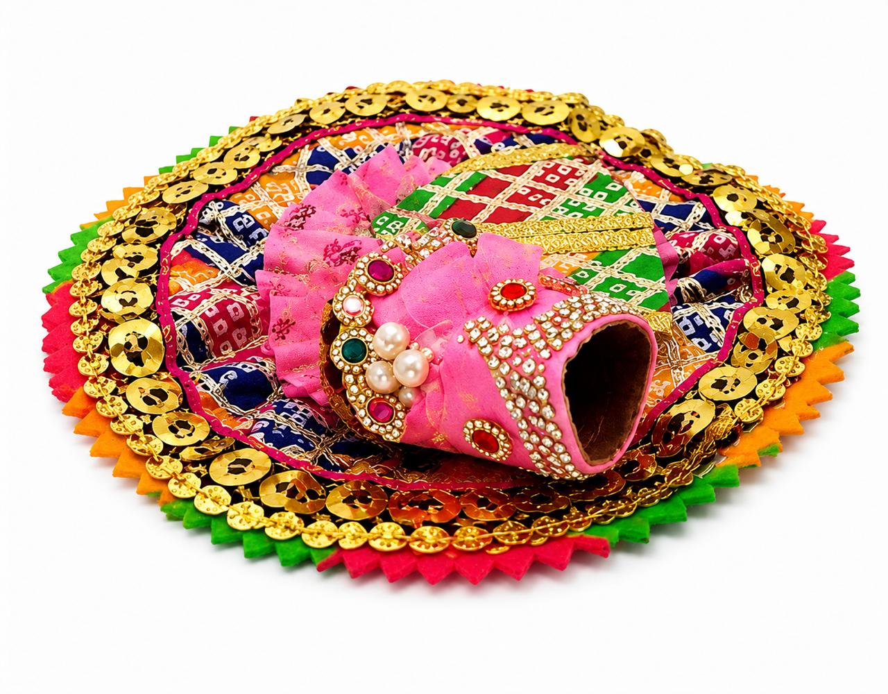 Handcrafted Multicolor Laddu Gopal Dress with Elegant Mukut, Radiant Sequins, Premium Craftsmanship, and Divine Traditional Charm.