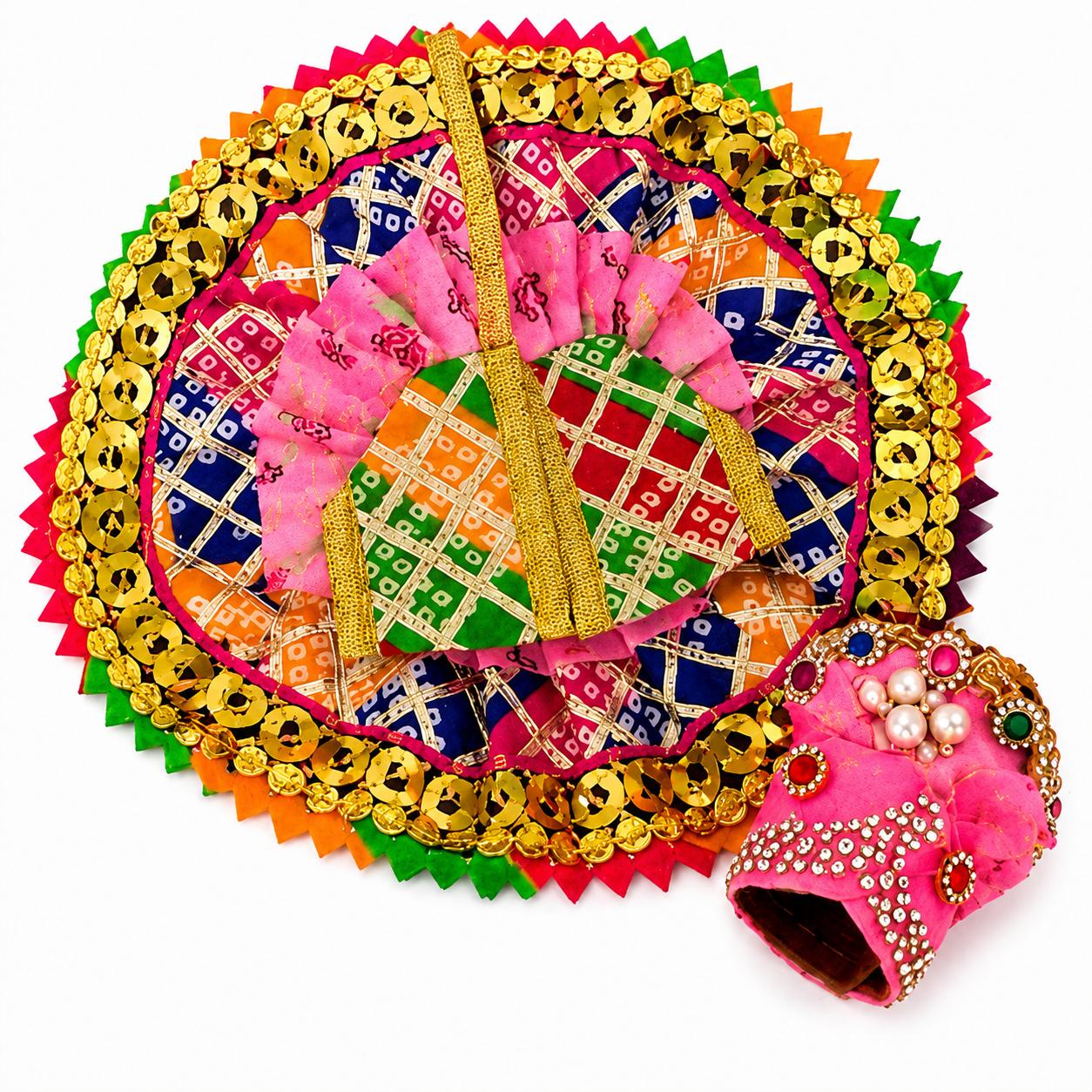 Handcrafted Multicolor Laddu Gopal Dress with Elegant Mukut, Radiant Sequins, Premium Craftsmanship, and Divine Traditional Charm.