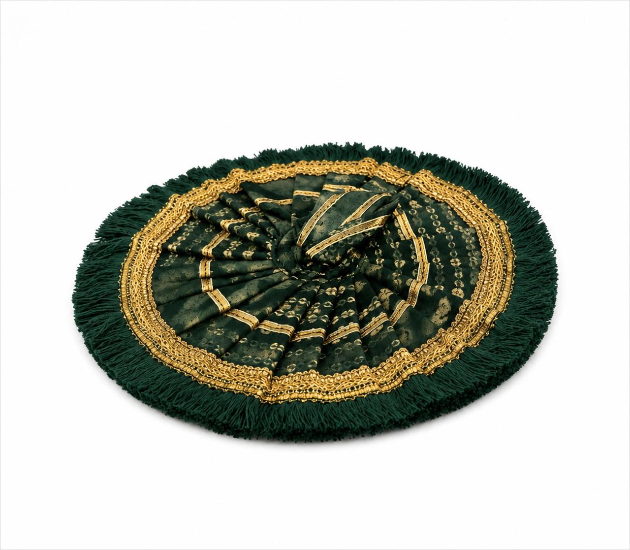 Elegant Dark Green Laddu Gopal Poshak with golden lace, frill border, and premium handcrafted elegance.