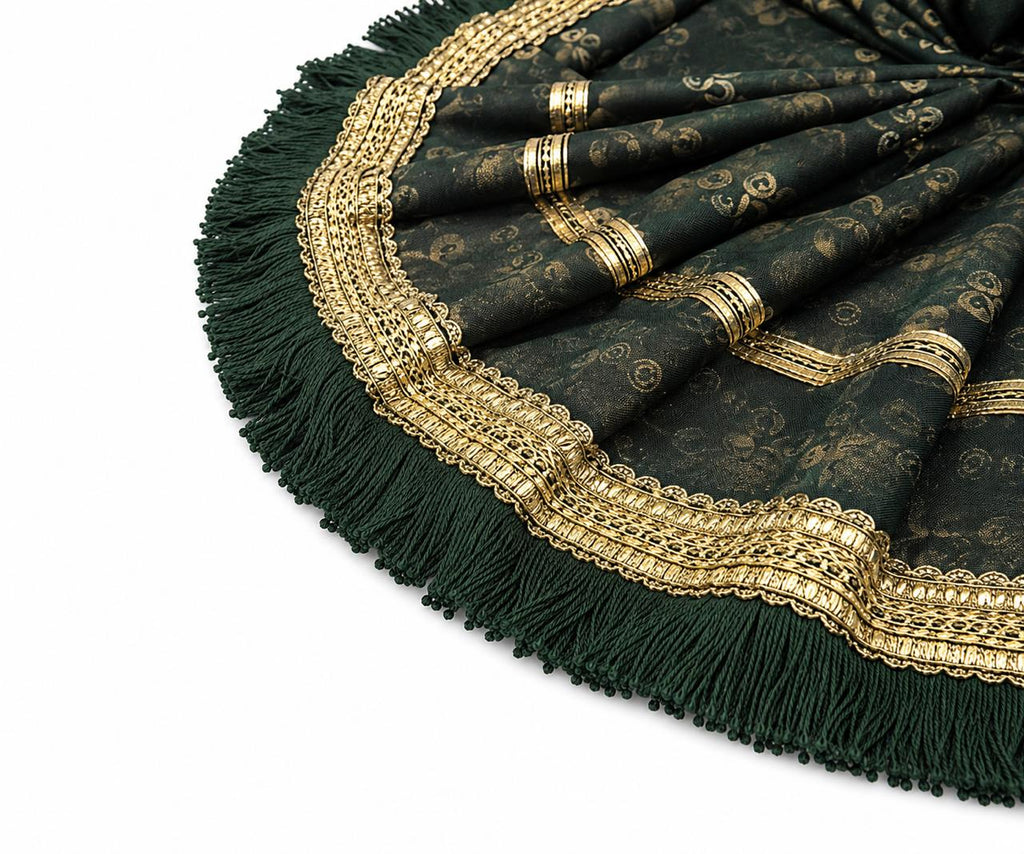 Elegant Dark Green Laddu Gopal Poshak with golden lace, frill border, and premium handcrafted elegance.
