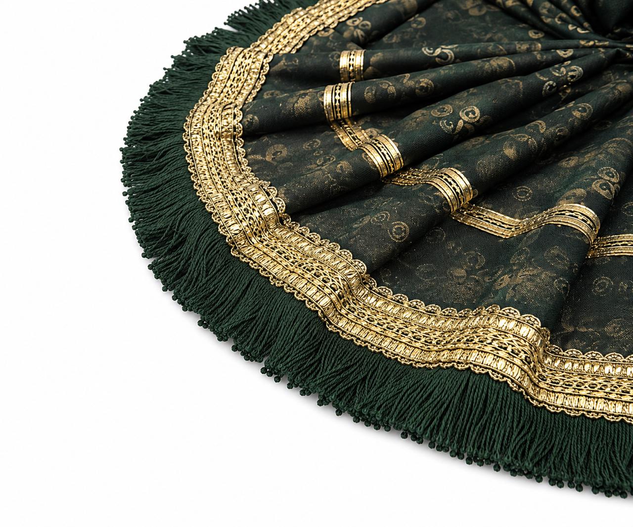 Elegant Dark Green Laddu Gopal Poshak with golden lace, frill border, and premium handcrafted elegance.