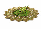 Royal Green Laddu Gopal Poshak featuring exquisite craftsmanship, sparkling mirrors, and premium detailing.