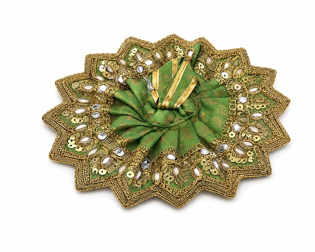 Royal Green Laddu Gopal Poshak featuring exquisite craftsmanship, sparkling mirrors, and premium detailing.