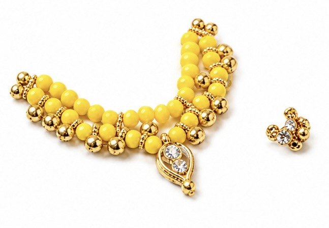 Exquisite Yellow Laddu Gopal Jewelry of golden beads necklace