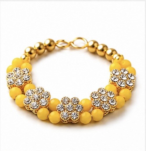 Elegant Yellow Beaded Bracelet with Sparkling Floral Rhinestones and Gold Accents, Perfect for Festive Elegance