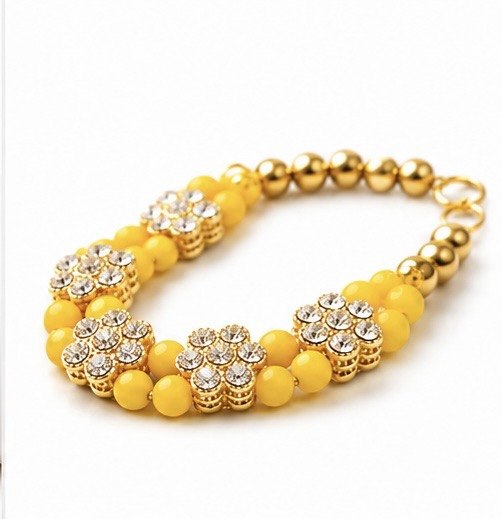Elegant Yellow Beaded Bracelet with Sparkling Floral Rhinestones and Gold Accents, Perfect for Festive Elegance