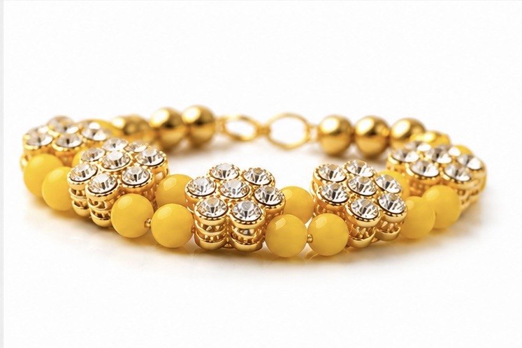 Elegant Yellow Beaded Bracelet with Sparkling Floral Rhinestones and Gold Accents, Perfect for Festive Elegance