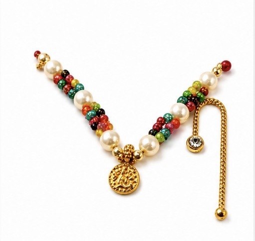 Divine Laddu Gopal Shringar Set with Peacock Feather, Multicolor Beads, Pearls, Jewels, and Golden Accents.