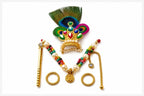 Divine Laddu Gopal Shringar Set with Peacock Feather, Multicolor Beads, Pearls, Jewels, and Golden Accents.