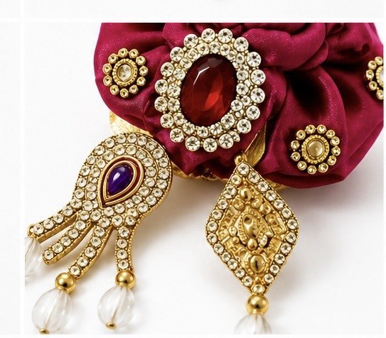 Elegant Magenta Rose Laddu Gopal Shringar Accessory with Sparkling Rhinestones, Jewels, Gold Detailing, and Pearl Drops.