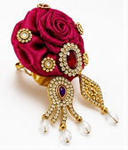 Elegant Magenta Rose Laddu Gopal Shringar Accessory with Sparkling Rhinestones, Jewels, Gold Detailing, and Pearl Drops.