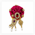 Elegant Magenta Rose Laddu Gopal Shringar Accessory with Sparkling Rhinestones, Jewels, Gold Detailing, and Pearl Drops.