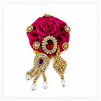 Elegant Magenta Rose Laddu Gopal Shringar Accessory with Sparkling Rhinestones, Jewels, Gold Detailing, and Pearl Drops.