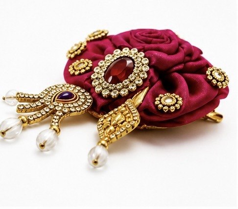Elegant Magenta Rose Laddu Gopal Shringar Accessory with Sparkling Rhinestones, Jewels, Gold Detailing, and Pearl Drops.