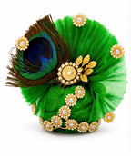 Premium green Kanha poshak decorated with natural peacock feathers and sparkling crystal embellishments.