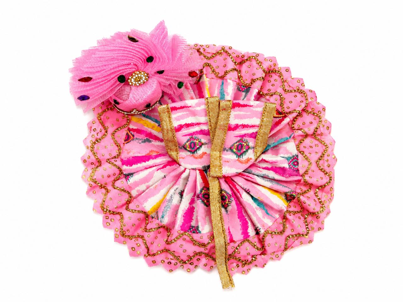 Handcrafted pink Laddu Gopal dress with golden lace and floral crown.