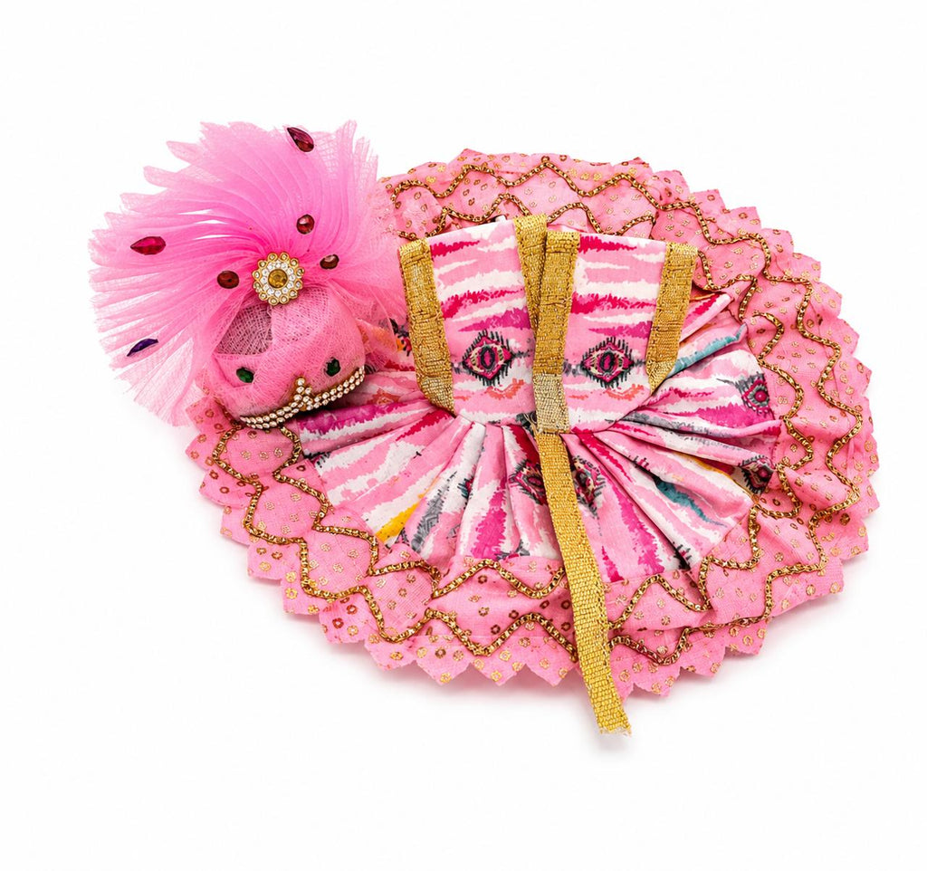 Handcrafted pink Laddu Gopal dress with golden lace and floral crown.