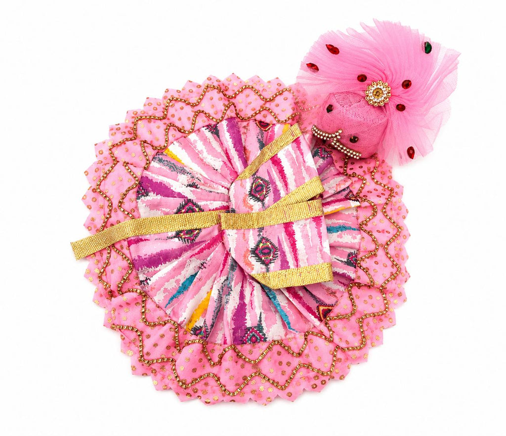 Handcrafted pink Laddu Gopal dress with golden lace and floral crown.