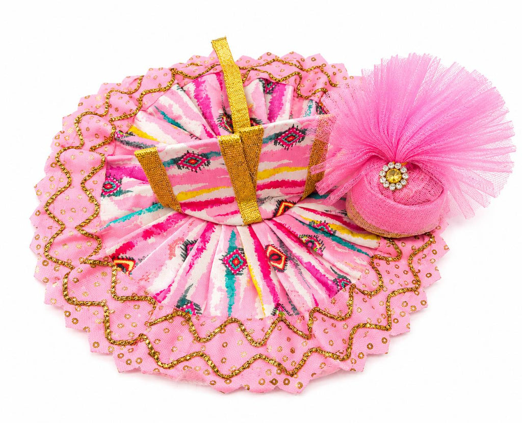 Handcrafted pink Laddu Gopal dress with golden lace and floral crown.