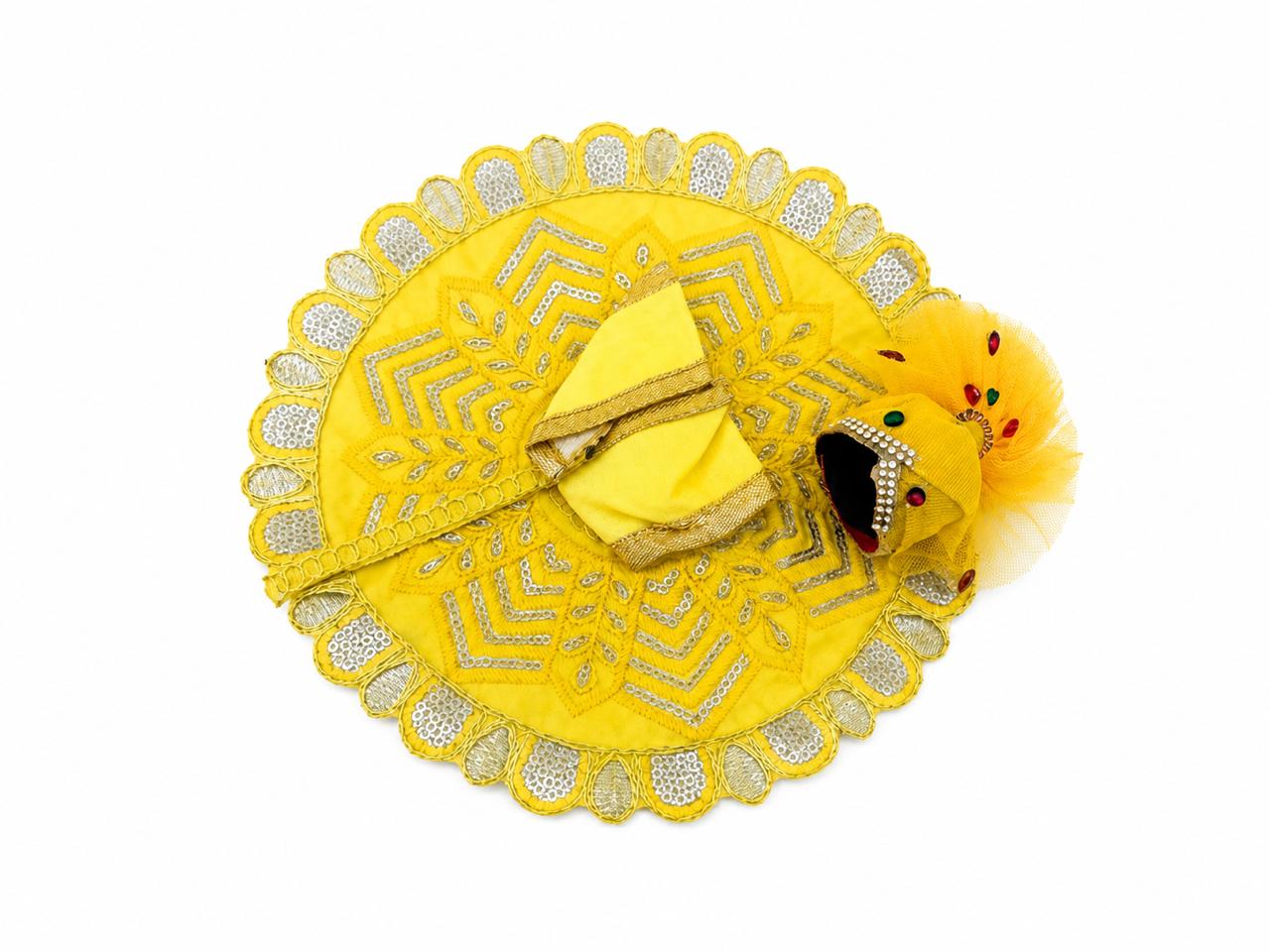 Elegant yellow Laddu Gopal dress featuring silver embroidery and golden lace