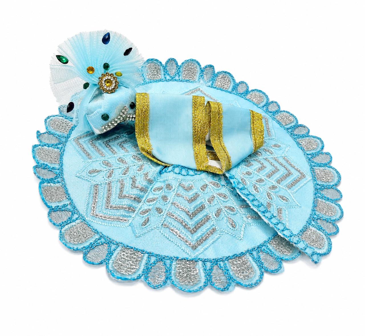 Premium Laddu Gopal Poshak Set with Matching Mukut, available in Royal Yellow and Elegant Light Blue, handcrafted beautifully.