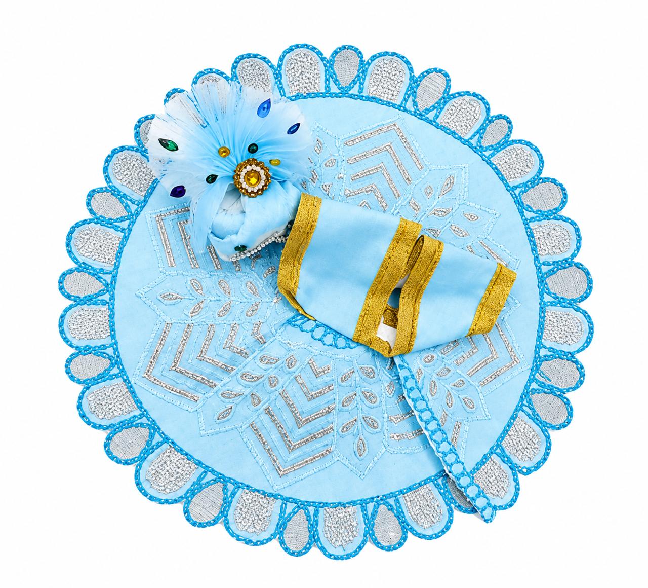 Premium Laddu Gopal Poshak Set with Matching Mukut, available in Royal Yellow and Elegant Light Blue, handcrafted beautifully.